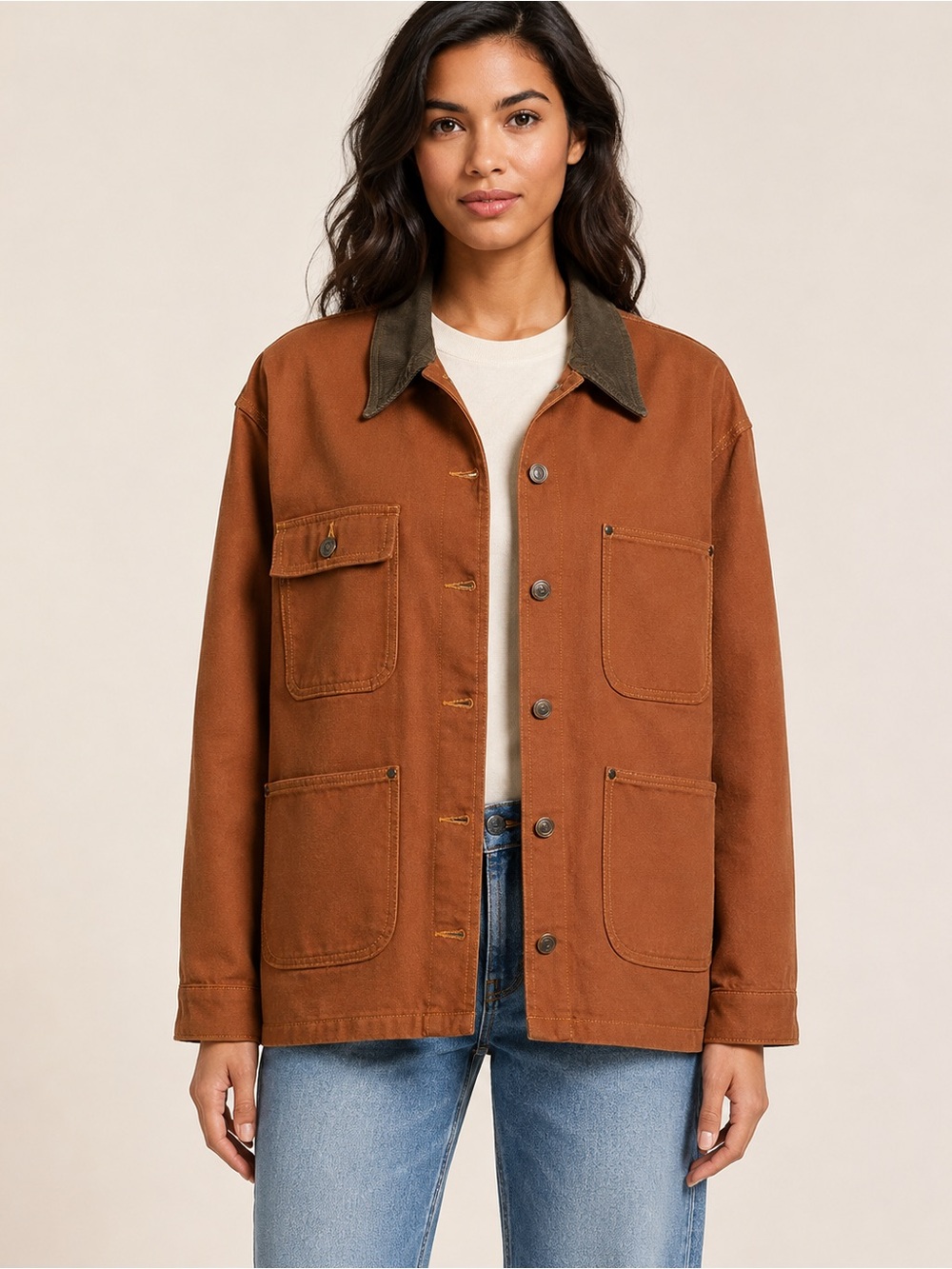 NWT Gianni Bini Rose Suede Collar Canvas Barn Jacket Brown Size L